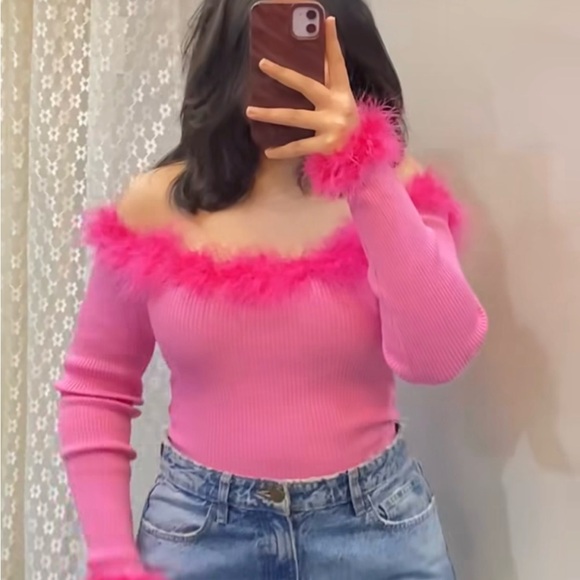 Pink Off-Shoulder Top Feather Trim These Three Boutique Valentines Day Top Med - Picture 6 of 6